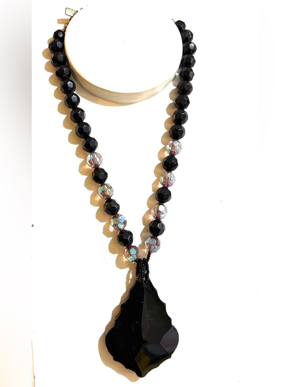 Black Faceted Bead Necklace with Black Pendant -